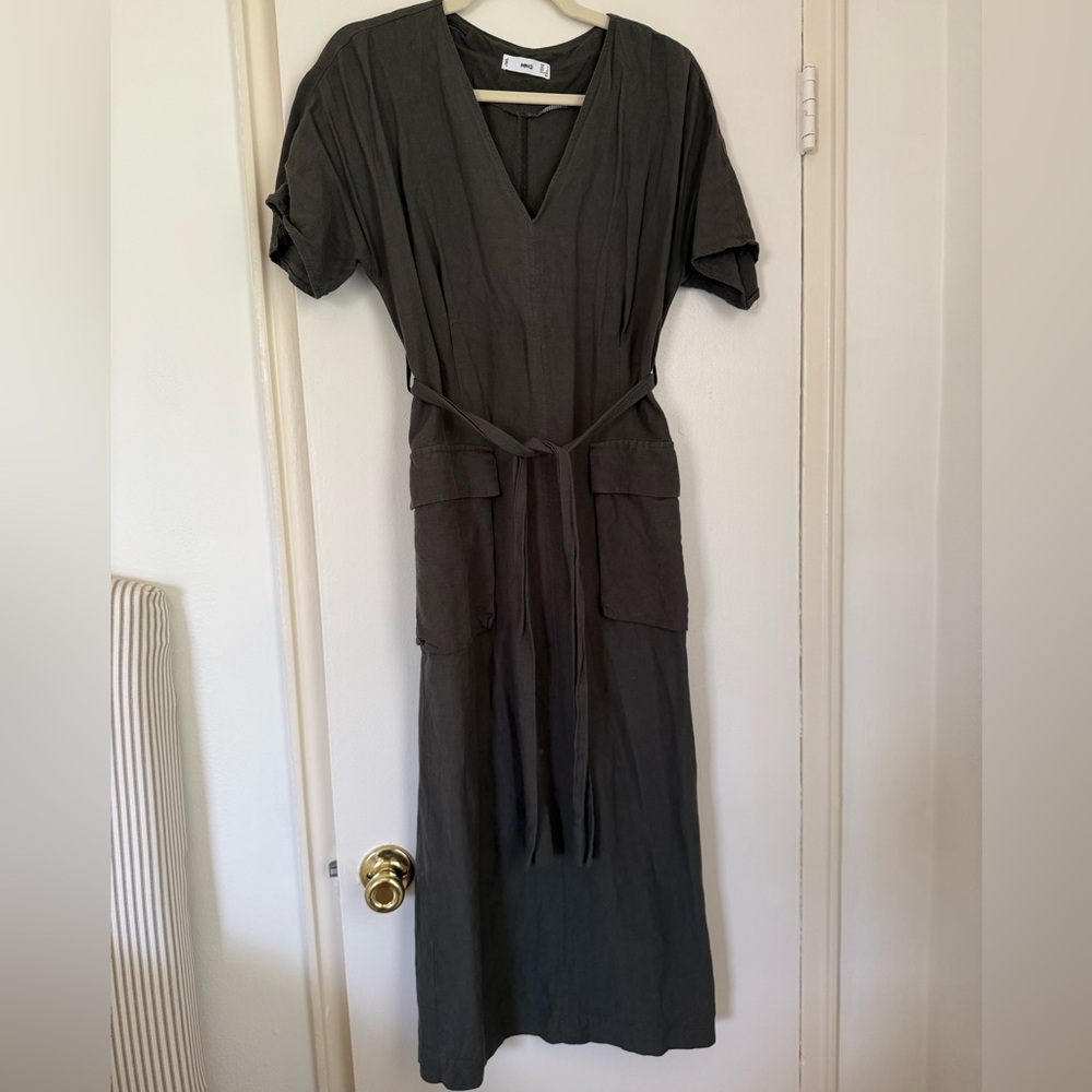 Mango Olive V-Neck Midi Dress with Waist Tie